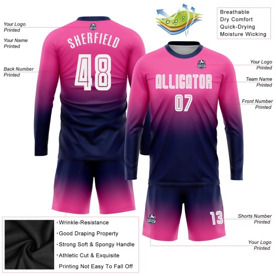 Long Sleeve Jersey Fade Uniform Custom Pink Sublimation White-Navy Fashion Soccer Long Sleeve Jersey Fade Uniform Custom Pink Sublimation White-Navy Fashion Soccer