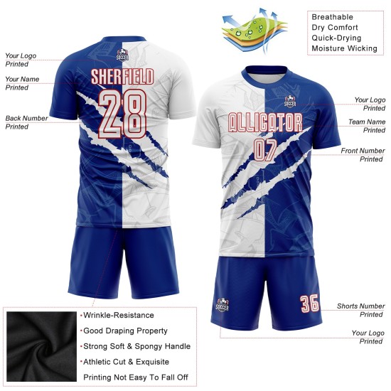 Sublimation White Graffiti Pattern Jersey Uniform Royal-Red Custom Soccer Scratch Sublimation White Graffiti Pattern Jersey Uniform Royal-Red Custom Soccer Scratch
