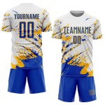 Fragment Blue-Gold Splash Abstract White Custom Soccer Sublimation Thunder Uniform Jersey Art Fragment Blue-Gold Splash Abstract White Custom Soccer Sublimation Thunder Uniform Jersey Art