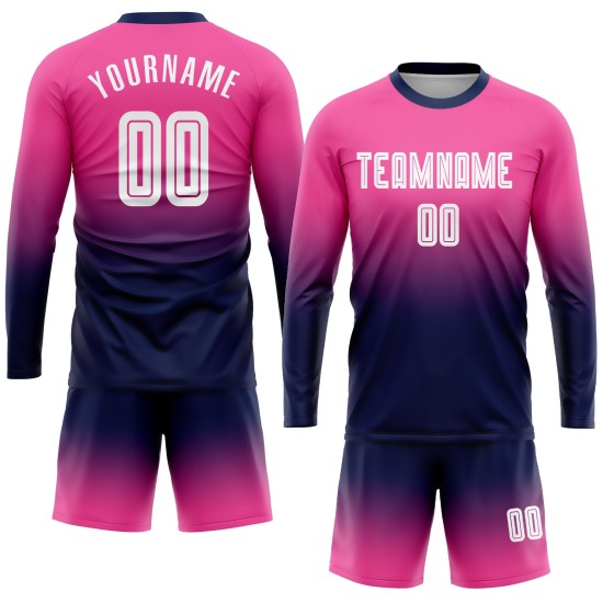 Long Sleeve Jersey Fade Uniform Custom Pink Sublimation White-Navy Fashion Soccer Long Sleeve Jersey Fade Uniform Custom Pink Sublimation White-Navy Fashion Soccer