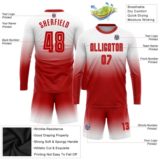 Custom Red Sublimation Fade Fashion Soccer Long Sleeve Jersey Uniform White Custom Red Sublimation Fade Fashion Soccer Long Sleeve Jersey Uniform White