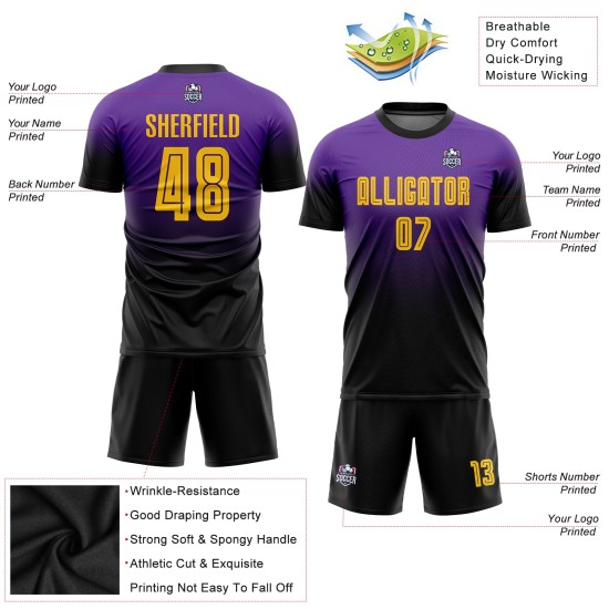 Purple Gold-Black Sublimation Custom Fashion Soccer Uniform Jersey Fade Purple Gold-Black Sublimation Custom Fashion Soccer Uniform Jersey Fade