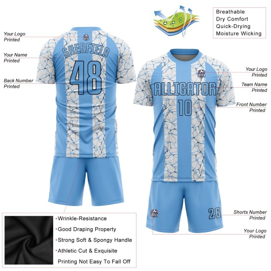 Black-White Sublimation Blue Light Soccer Uniform Jersey Custom Black-White Sublimation Blue Light Soccer Uniform Jersey Custom