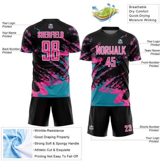 Fragment Pink-Teal Custom Black Abstract Splash Uniform Sublimation Soccer Jersey Art Fragment Pink-Teal Custom Black Abstract Splash Uniform Sublimation Soccer Jersey Art