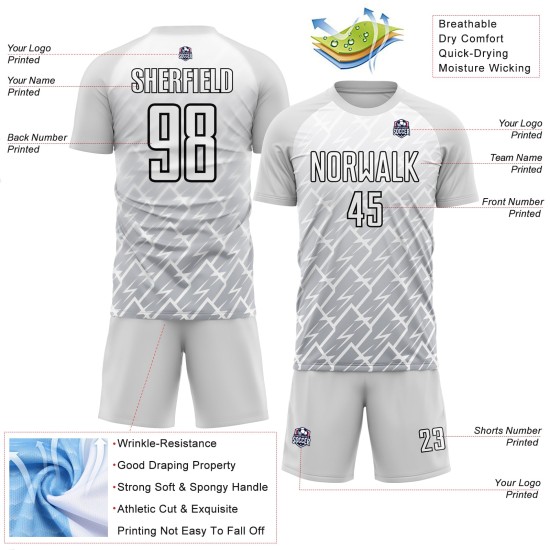 Uniform Lightning Sublimation Jersey Soccer White Gray-Black Custom Uniform Lightning Sublimation Jersey Soccer White Gray-Black Custom
