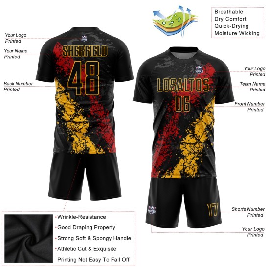 Uniform Black Soccer Sublimation Custom Jersey Gold-Red Uniform Black Soccer Sublimation Custom Jersey Gold-Red