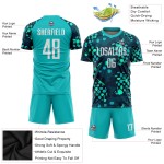 White-Navy Uniform Soccer Aqua Jersey Custom Sublimation White-Navy Uniform Soccer Aqua Jersey Custom Sublimation