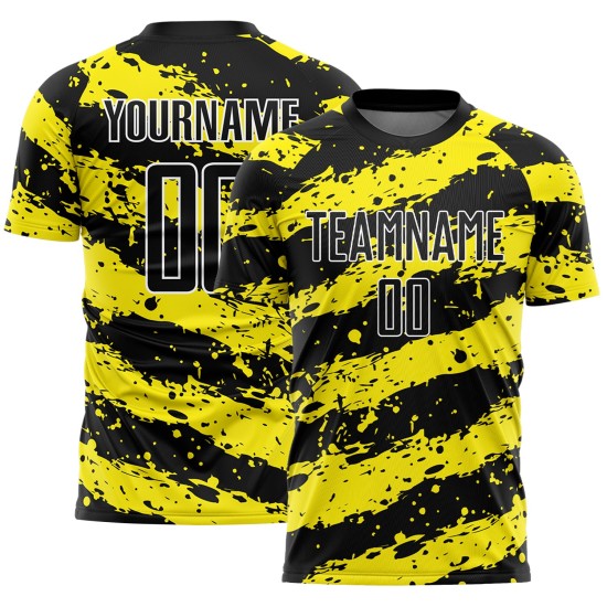 Custom Light Splash Yellow-White Soccer Jersey Black Sublimation Uniform Custom Light Splash Yellow-White Soccer Jersey Black Sublimation Uniform