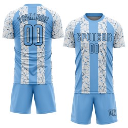Black-White Sublimation Blue Light Soccer Uniform Jersey Custom Black-White Sublimation Blue Light Soccer Uniform Jersey Custom