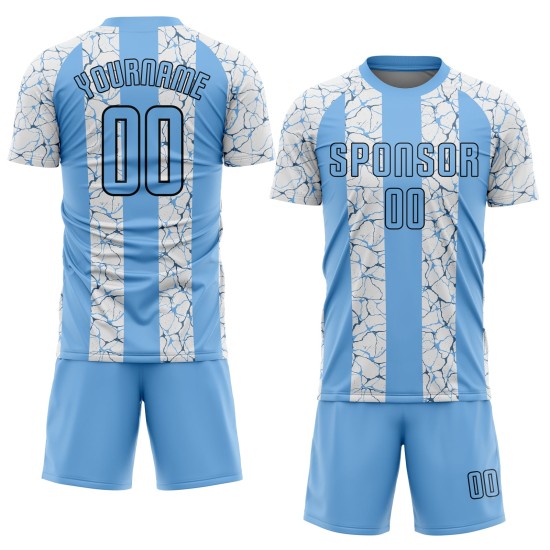 Black-White Sublimation Blue Light Soccer Uniform Jersey Custom Black-White Sublimation Blue Light Soccer Uniform Jersey Custom