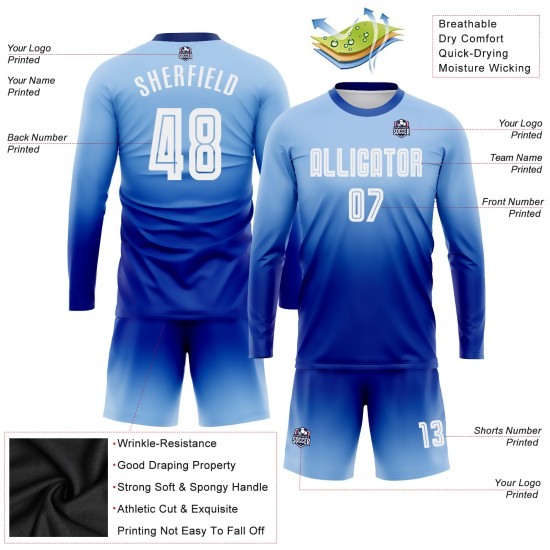 White-Royal Fade Sublimation Custom Light Long Jersey Uniform Fashion Blue Sleeve Soccer White-Royal Fade Sublimation Custom Light Long Jersey Uniform Fashion Blue Sleeve Soccer