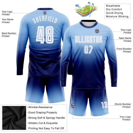 White-Navy Light Blue Fashion Soccer Jersey Fade Uniform Custom Sleeve Sublimation Long White-Navy Light Blue Fashion Soccer Jersey Fade Uniform Custom Sleeve Sublimation Long