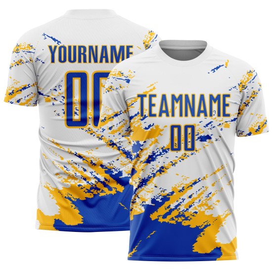Fragment Blue-Gold Splash Abstract White Custom Soccer Sublimation Thunder Uniform Jersey Art Fragment Blue-Gold Splash Abstract White Custom Soccer Sublimation Thunder Uniform Jersey Art
