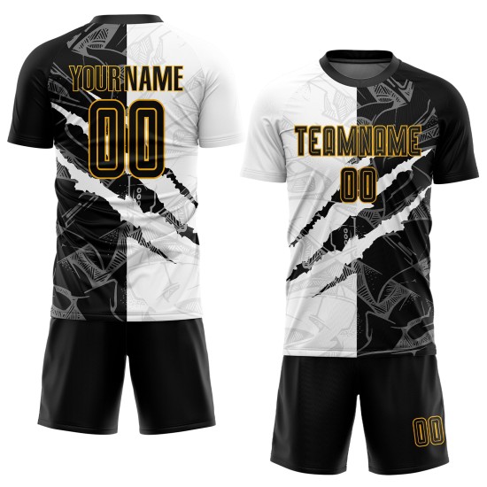 Sublimation Graffiti Custom Black-Gold Pattern Scratch Uniform Soccer Jersey Sublimation Graffiti Custom Black-Gold Pattern Scratch Uniform Soccer Jersey