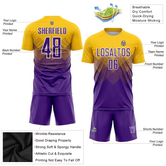 Purple-White Jersey Gold Soccer Sublimation Custom Uniform Purple-White Jersey Gold Soccer Sublimation Custom Uniform