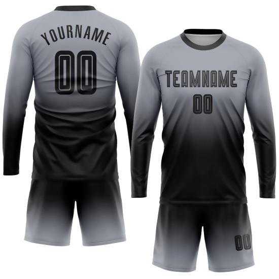 Fashion Custom Long Jersey Gray Soccer Uniform Black Fade Sublimation Sleeve Fashion Custom Long Jersey Gray Soccer Uniform Black Fade Sublimation Sleeve
