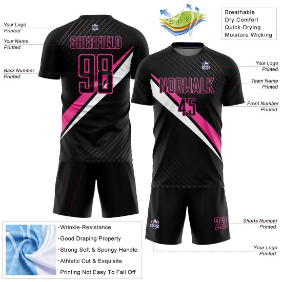 Diagonal Soccer Uniform Lines Sublimation Custom Black Jersey Pink-White Diagonal Soccer Uniform Lines Sublimation Custom Black Jersey Pink-White