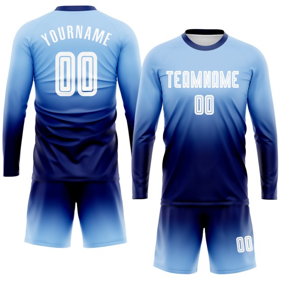 White-Navy Light Blue Fashion Soccer Jersey Fade Uniform Custom Sleeve Sublimation Long White-Navy Light Blue Fashion Soccer Jersey Fade Uniform Custom Sleeve Sublimation Long