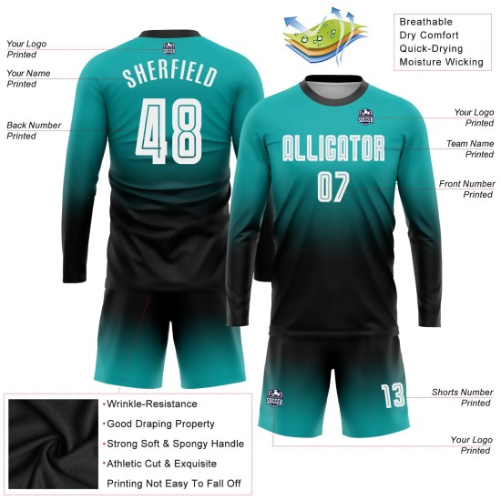 Soccer Fade Sublimation Fashion Sleeve Aqua Custom Jersey Uniform Long White-Black Soccer Fade Sublimation Fashion Sleeve Aqua Custom Jersey Uniform Long White-Black