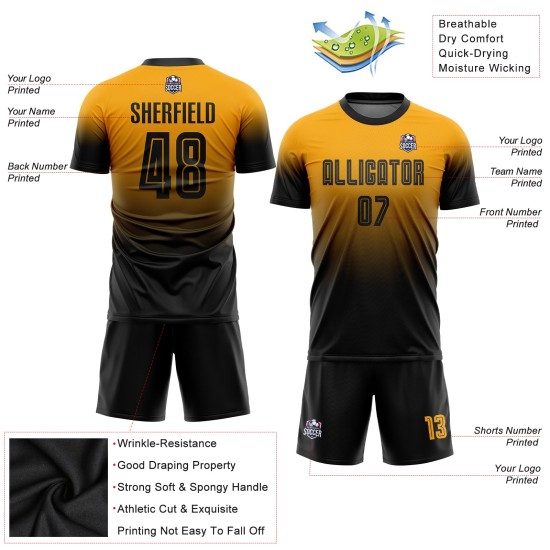 Sublimation Custom Fade Gold Jersey Uniform Fashion Soccer Black Sublimation Custom Fade Gold Jersey Uniform Fashion Soccer Black