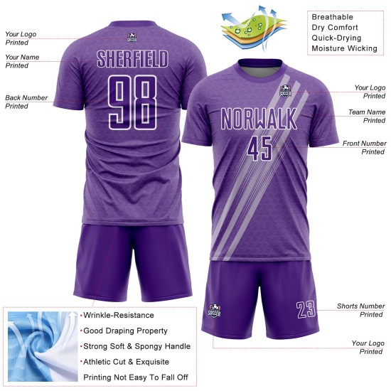 Diagonal White Jersey Purple Sublimation Uniform Custom Lines Soccer Diagonal White Jersey Purple Sublimation Uniform Custom Lines Soccer