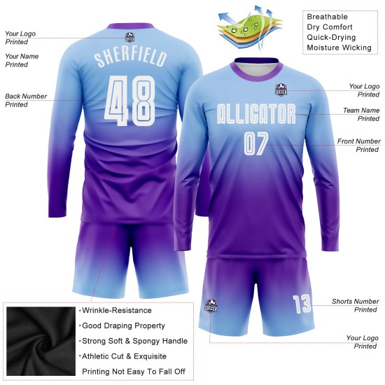 Soccer Long Light Fade White-Purple Custom Jersey Blue Uniform Sleeve Sublimation Fashion Soccer Long Light Fade White-Purple Custom Jersey Blue Uniform Sleeve Sublimation Fashion