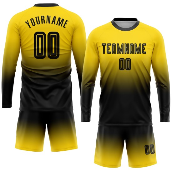 Uniform Custom Fashion Sublimation Gold Sleeve Soccer Black Fade Long Jersey Uniform Custom Fashion Sublimation Gold Sleeve Soccer Black Fade Long Jersey