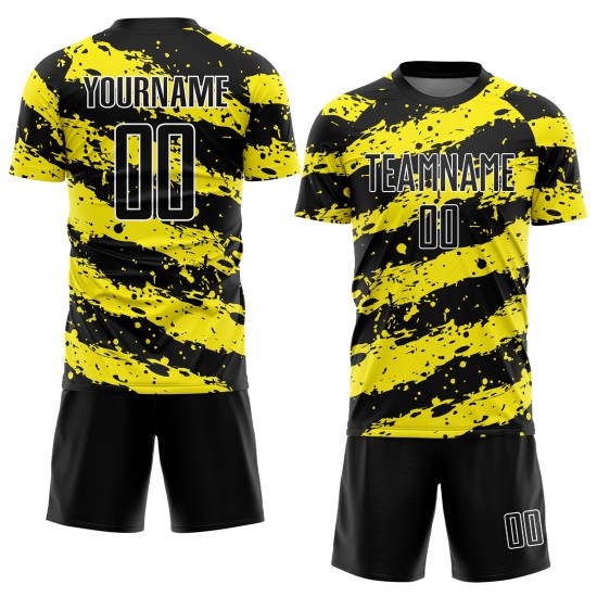 Custom Light Splash Yellow-White Soccer Jersey Black Sublimation Uniform Custom Light Splash Yellow-White Soccer Jersey Black Sublimation Uniform