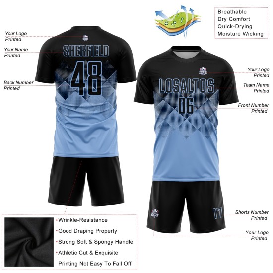 Custom Sublimation Black Jersey Uniform Soccer Blue Light Custom Sublimation Black Jersey Uniform Soccer Blue Light