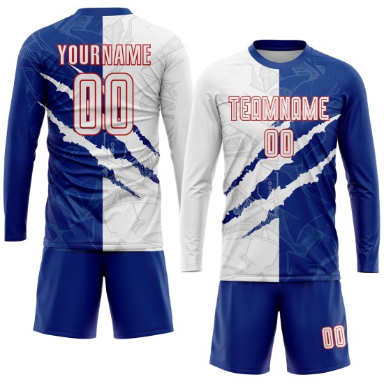 Sublimation White Graffiti Pattern Jersey Uniform Royal-Red Custom Soccer Scratch Sublimation White Graffiti Pattern Jersey Uniform Royal-Red Custom Soccer Scratch