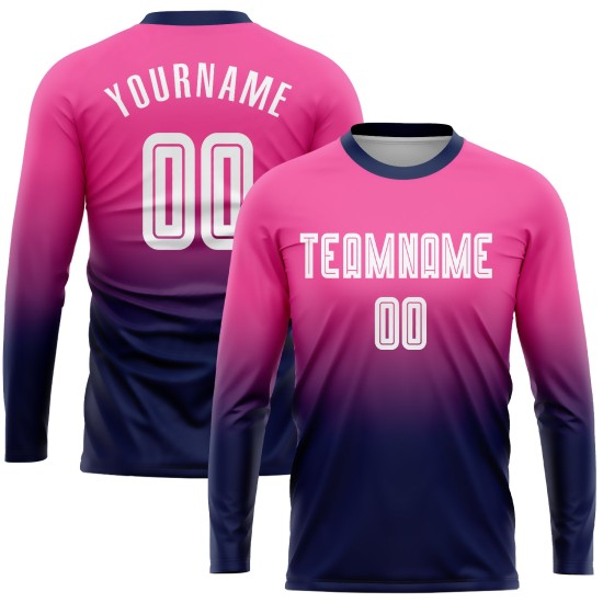 Long Sleeve Jersey Fade Uniform Custom Pink Sublimation White-Navy Fashion Soccer Long Sleeve Jersey Fade Uniform Custom Pink Sublimation White-Navy Fashion Soccer