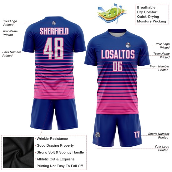 Fashion Jersey Uniform Custom White-Pink Sublimation Soccer Pinstripe Fade Royal Fashion Jersey Uniform Custom White-Pink Sublimation Soccer Pinstripe Fade Royal