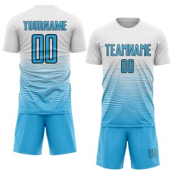 Gradient Blue-Black Sublimation Sky Soccer White Uniform Jersey Line Custom Gradient Blue-Black Sublimation Sky Soccer White Uniform Jersey Line Custom