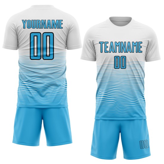Gradient Blue-Black Sublimation Sky Soccer White Uniform Jersey Line Custom Gradient Blue-Black Sublimation Sky Soccer White Uniform Jersey Line Custom