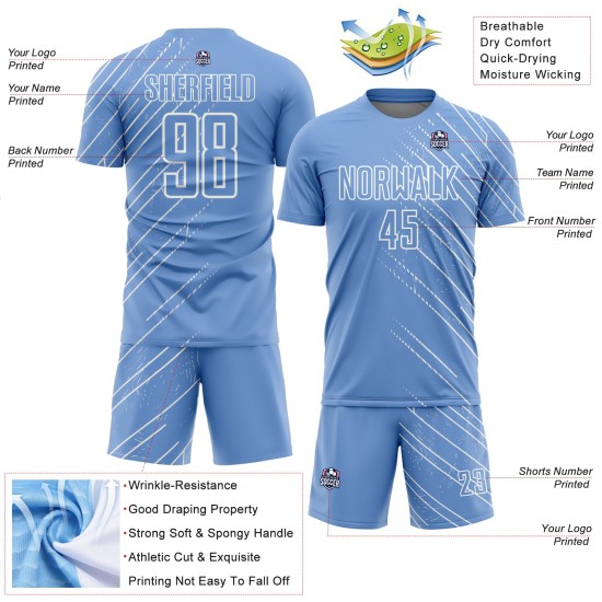 Blue Light Custom Uniform Soccer White Lines Jersey Sublimation Blue Light Custom Uniform Soccer White Lines Jersey Sublimation