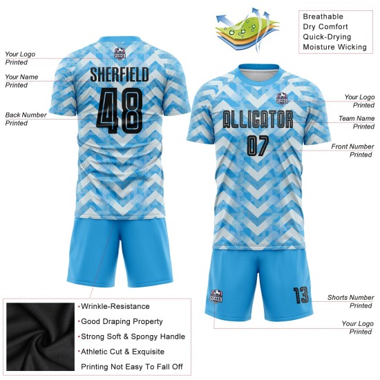 Sublimation Jersey Home Soccer Uniform Blue Light Custom Black-White Sublimation Jersey Home Soccer Uniform Blue Light Custom Black-White