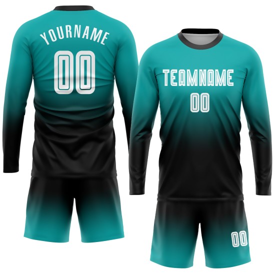 Soccer Fade Sublimation Fashion Sleeve Aqua Custom Jersey Uniform Long White-Black Soccer Fade Sublimation Fashion Sleeve Aqua Custom Jersey Uniform Long White-Black