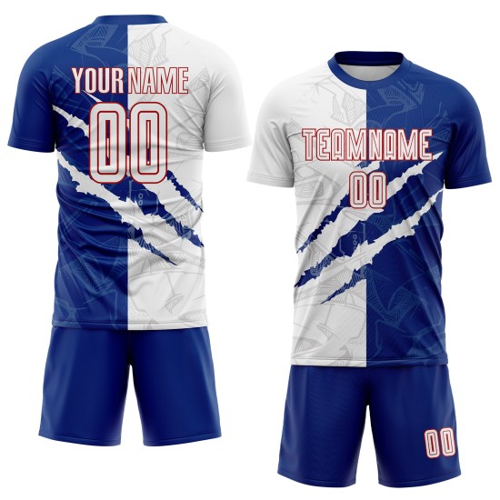 Sublimation White Graffiti Pattern Jersey Uniform Royal-Red Custom Soccer Scratch Sublimation White Graffiti Pattern Jersey Uniform Royal-Red Custom Soccer Scratch