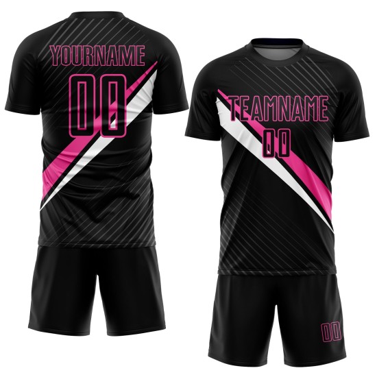 Diagonal Soccer Uniform Lines Sublimation Custom Black Jersey Pink-White Diagonal Soccer Uniform Lines Sublimation Custom Black Jersey Pink-White