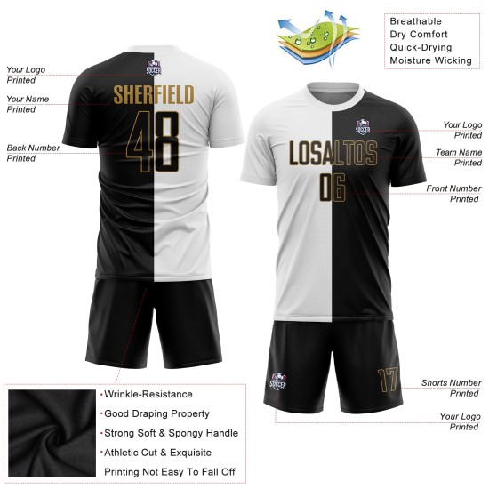 Gold Custom Split Sublimation Fashion Jersey Black-Old Uniform White Soccer Gold Custom Split Sublimation Fashion Jersey Black-Old Uniform White Soccer