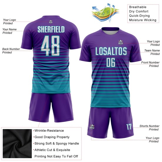 Custom Pinstripe Uniform Fashion Jersey Fade Soccer White-Teal Sublimation Purple Custom Pinstripe Uniform Fashion Jersey Fade Soccer White-Teal Sublimation Purple