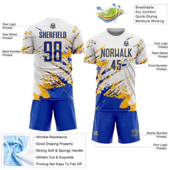 Fragment Blue-Gold Splash Abstract White Custom Soccer Sublimation Thunder Uniform Jersey Art Fragment Blue-Gold Splash Abstract White Custom Soccer Sublimation Thunder Uniform Jersey Art