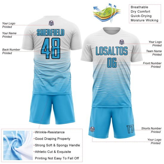 Gradient Blue-Black Sublimation Sky Soccer White Uniform Jersey Line Custom Gradient Blue-Black Sublimation Sky Soccer White Uniform Jersey Line Custom