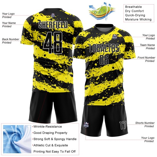 Custom Light Splash Yellow-White Soccer Jersey Black Sublimation Uniform Custom Light Splash Yellow-White Soccer Jersey Black Sublimation Uniform