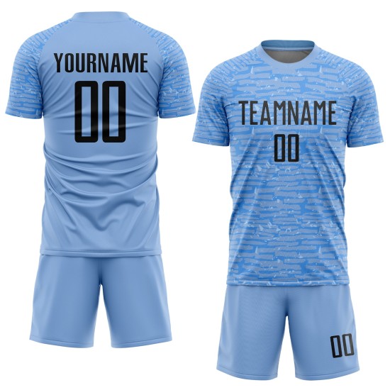 Custom Light Blue Soccer Sublimation Uniform Jersey Black Custom Light Blue Soccer Sublimation Uniform Jersey Black