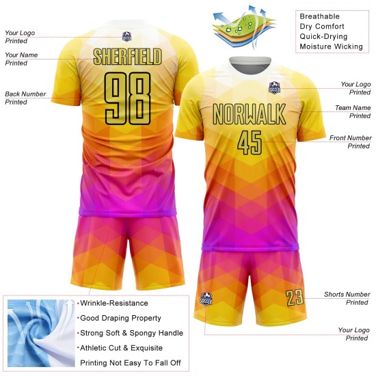 Pink-Black Yellow Sublimation Geometric Jersey Shapes Hot Uniform Soccer Custom Pink-Black Yellow Sublimation Geometric Jersey Shapes Hot Uniform Soccer Custom