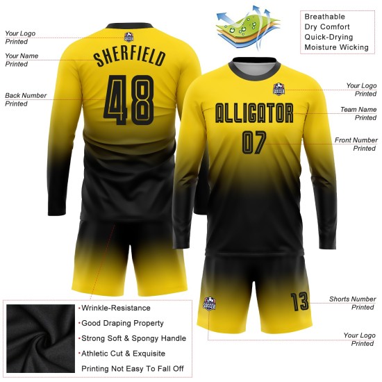 Uniform Custom Fashion Sublimation Gold Sleeve Soccer Black Fade Long Jersey Uniform Custom Fashion Sublimation Gold Sleeve Soccer Black Fade Long Jersey