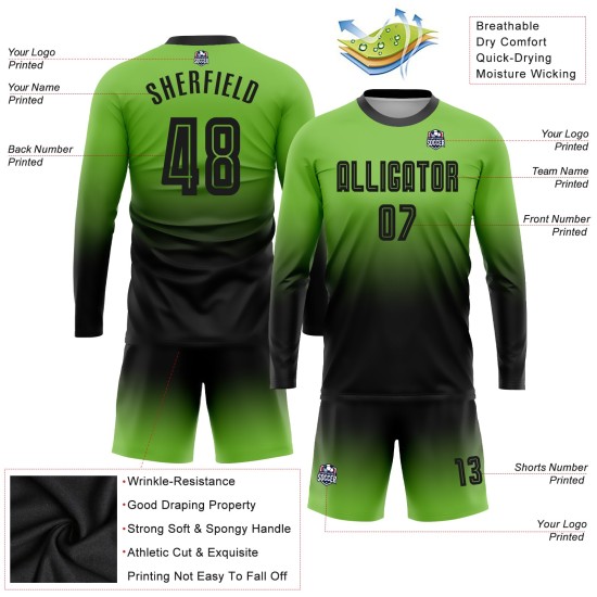 Neon Fashion Uniform Green Sleeve Sublimation Custom Long Soccer Jersey Fade Black Neon Fashion Uniform Green Sleeve Sublimation Custom Long Soccer Jersey Fade Black